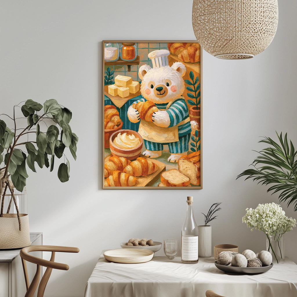 a cozy kitchen scene with a large painting of a bear wearing a chef's hat and apron, surrounded by various food items such as bread, cakes, and bowls. The painting is hung on a wall above a dining table with chairs and potted plants, creating a warm and inviting atmosphere.
