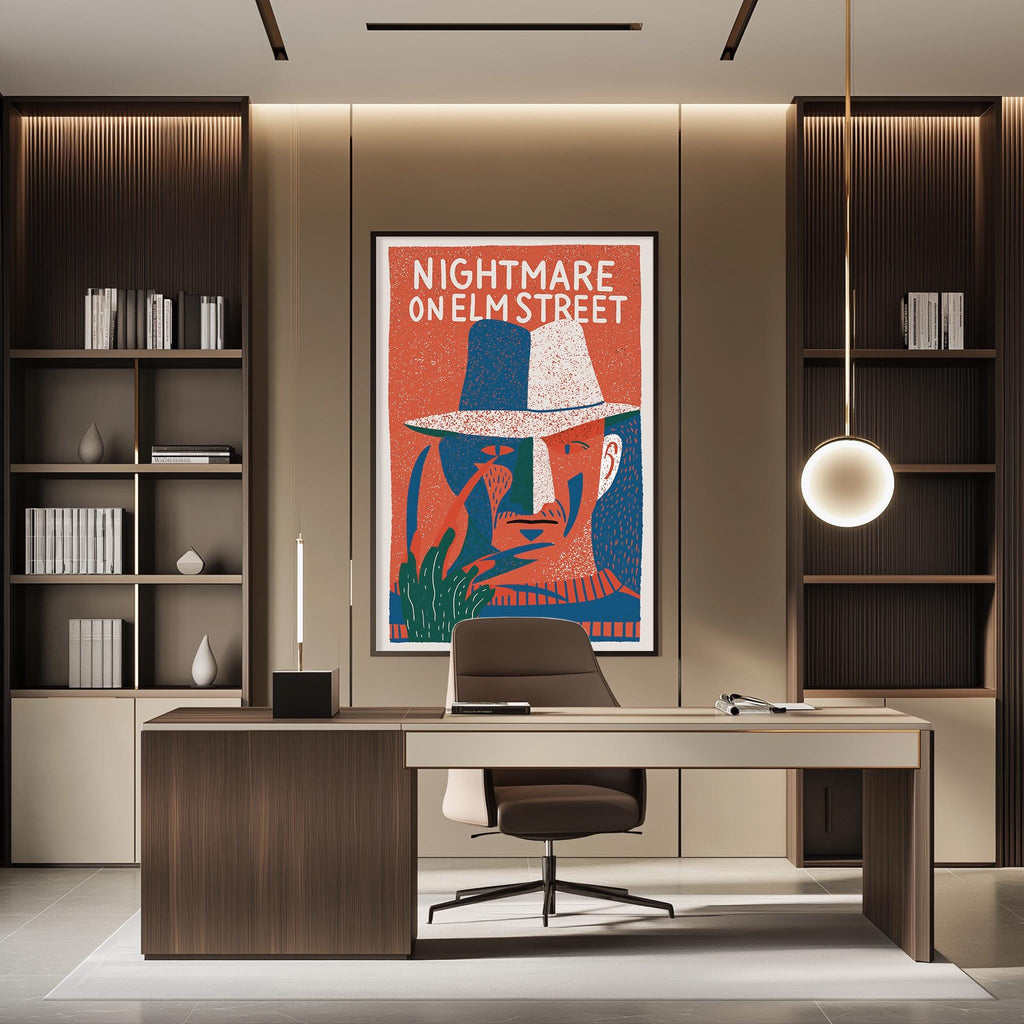 a modern office space with a large poster of a man wearing a hat and sunglasses on the wall, a desk with a chair, and a bookshelf filled with books.