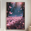 a large framed picture of pink flowers and butterflies hanging on a wall in a living room.