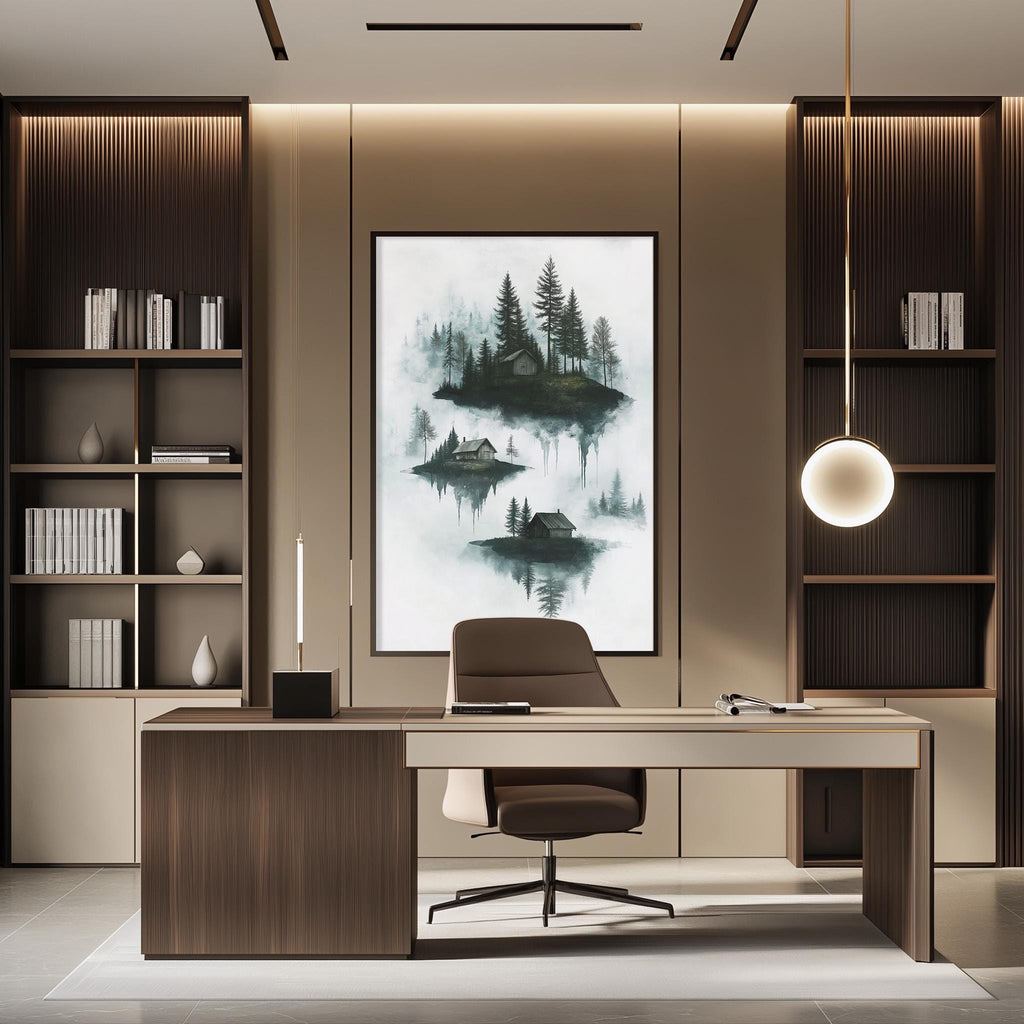 a modern and minimalist office space with a large painting of a forest scene hanging on the wall. The office features a wooden desk, a comfortable-looking chair, and built-in bookshelves. The overall design has a warm and inviting atmosphere, with a focus on natural elements and simplicity.