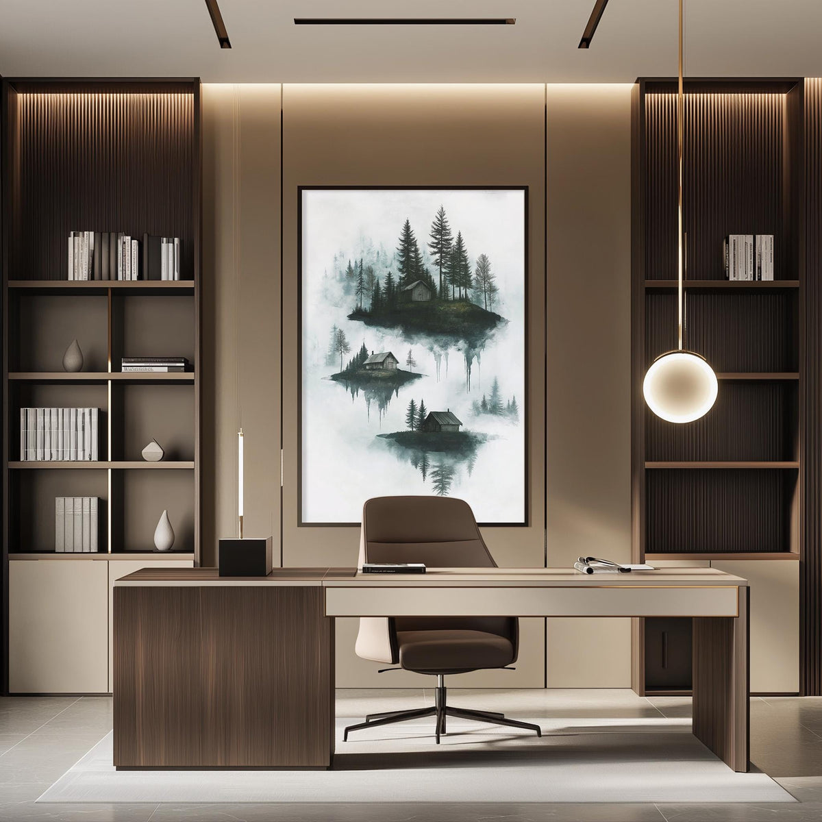 a modern and minimalist office space with a large painting of a forest scene hanging on the wall. The office features a wooden desk, a comfortable-looking chair, and built-in bookshelves. The overall design has a warm and inviting atmosphere, with a focus on natural elements and simplicity.