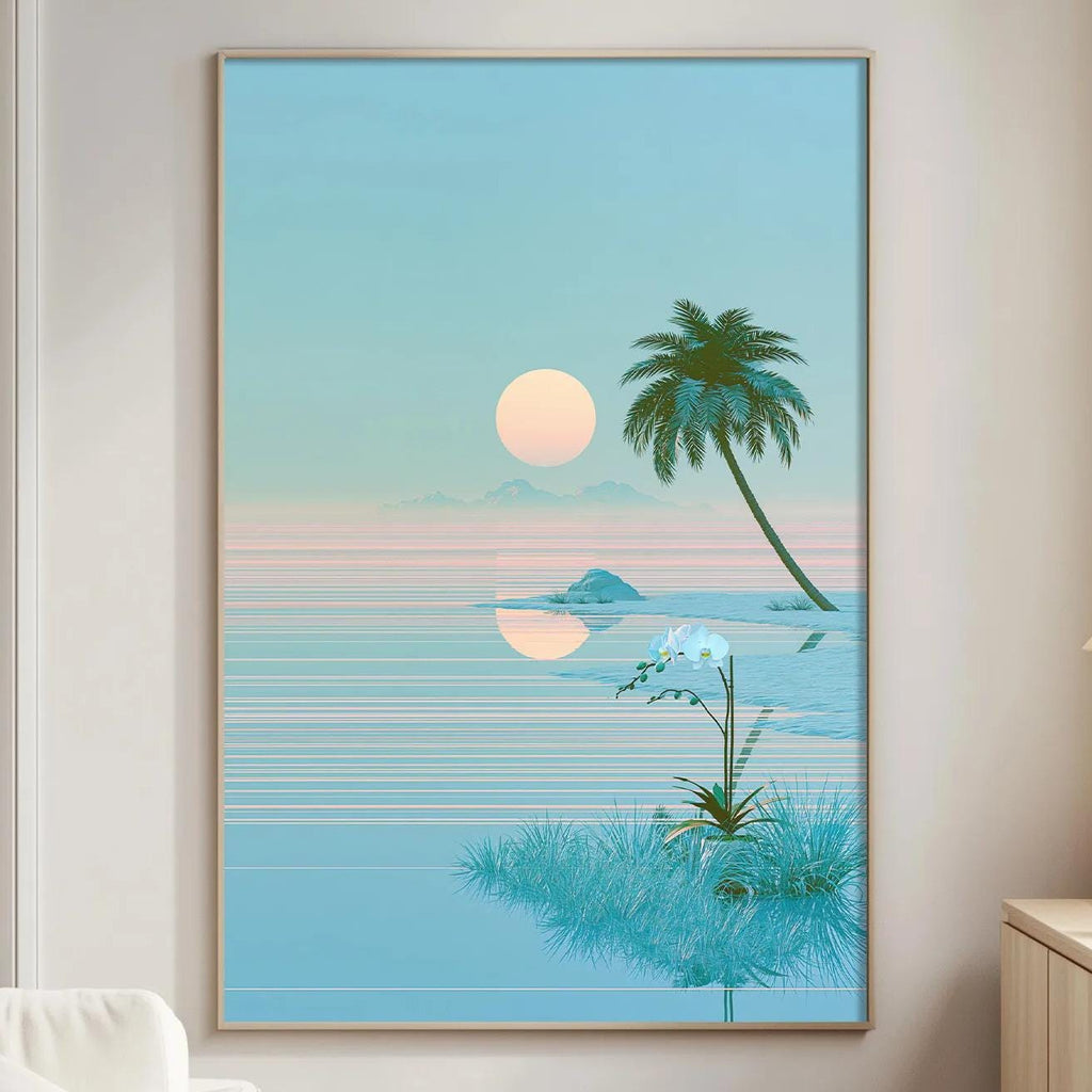 a serene living room with a large framed picture of a tropical beach scene hanging on the wall. The picture depicts a palm tree, a sunset, and a body of water, creating a peaceful and relaxing atmosphere.