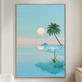 a serene living room with a large framed picture of a tropical beach scene hanging on the wall. The picture depicts a palm tree, a sunset, and a body of water, creating a peaceful and relaxing atmosphere.