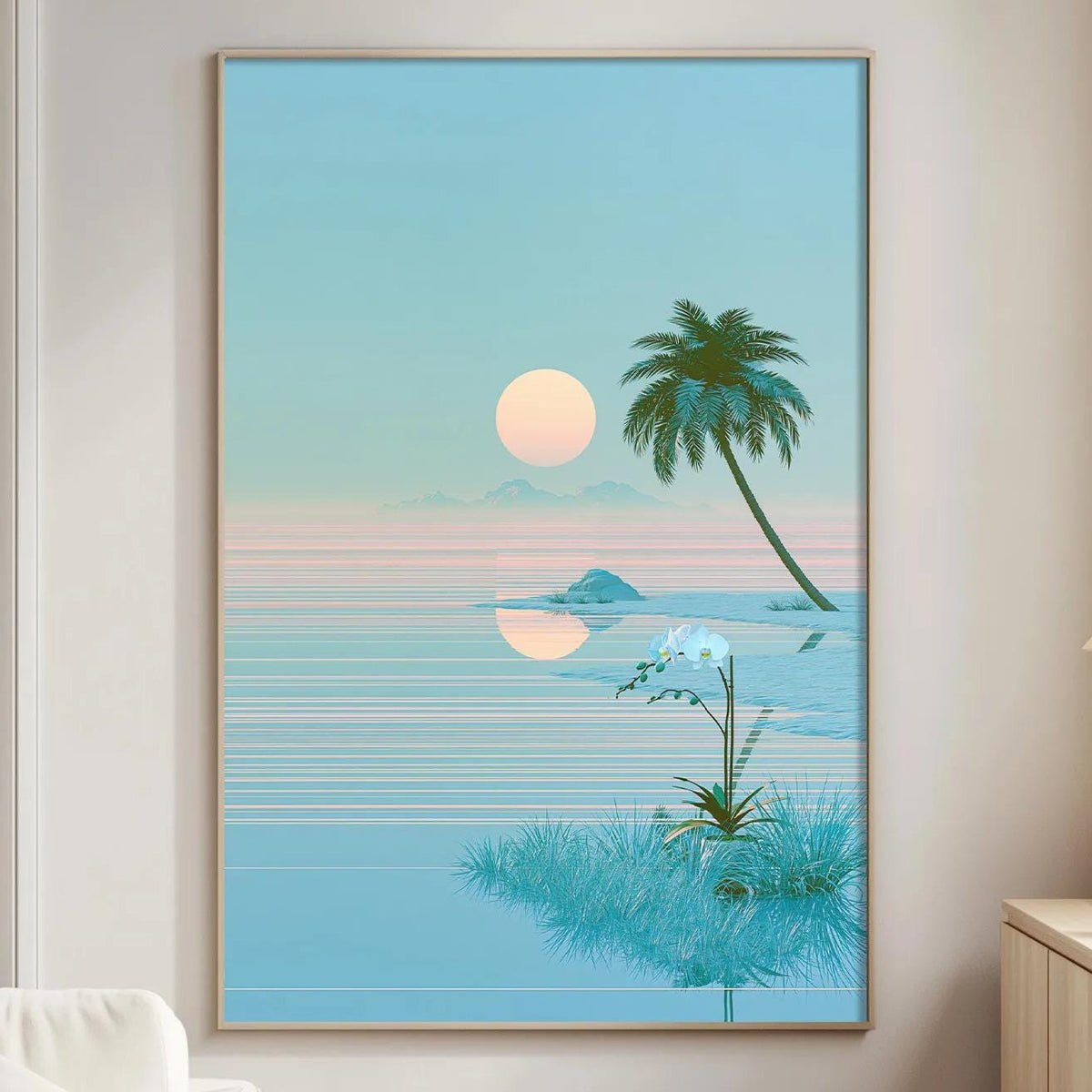 a serene living room with a large framed picture of a tropical beach scene hanging on the wall. The picture depicts a palm tree, a sunset, and a body of water, creating a peaceful and relaxing atmosphere.