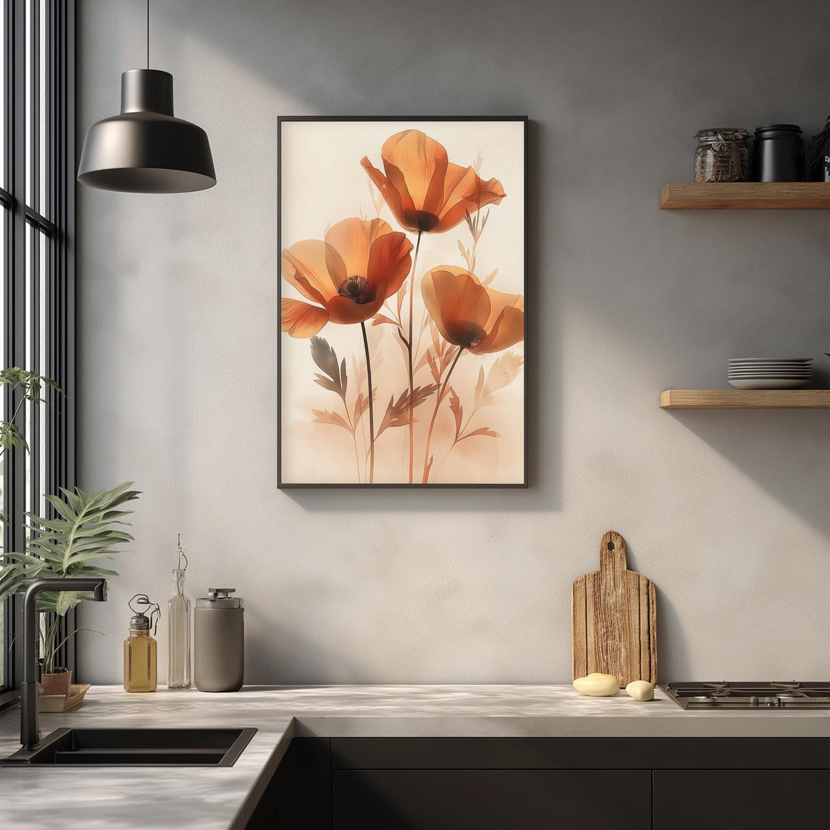 a kitchen counter with a framed picture of orange flowers hanging above it. The counter has various kitchen items, such as a cutting board, a soap dispenser, and a bottle. The overall scene has a modern and minimalist aesthetic.