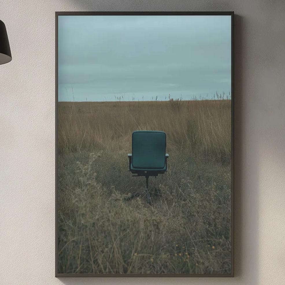 a minimalist kitchen interior with a framed picture of a chair in a field hanging on the wall above a countertop with various kitchen items.