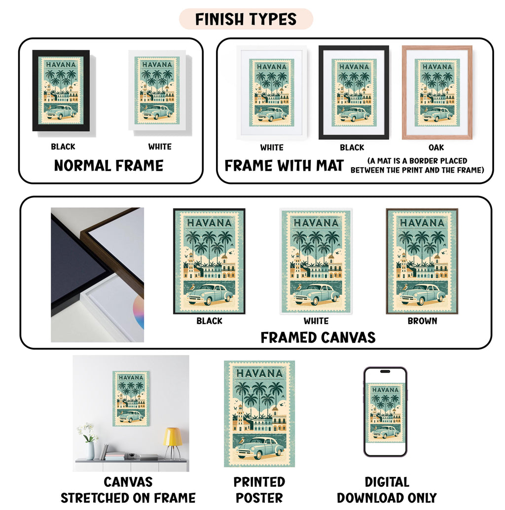various images of a framed artwork depicting a vintage Havana poster, including different frame types, finishes, and styles.