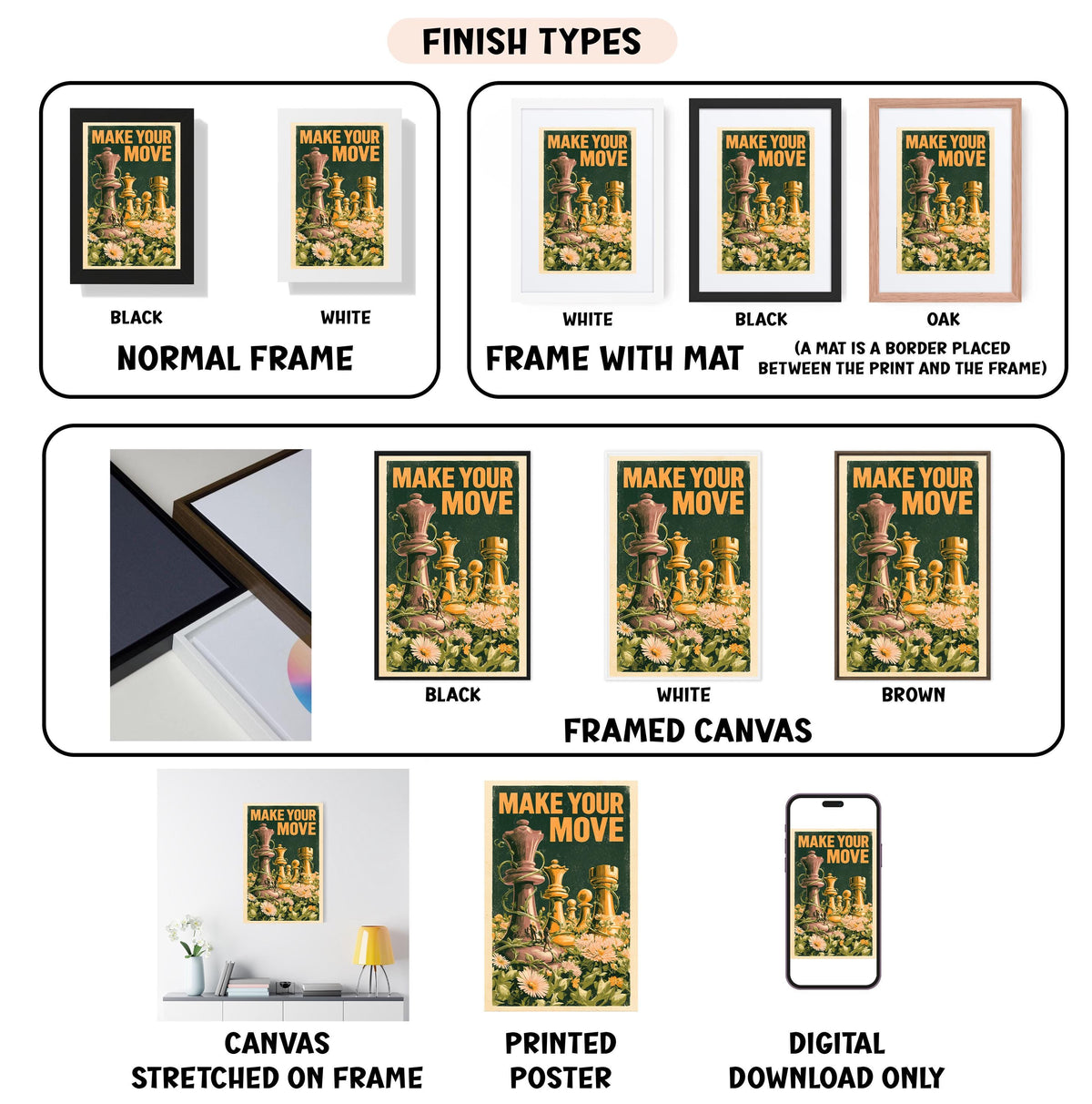 various finish types for a poster, including a black and white, white, black, oak, and framed canvas. It also features a framed canvas, a stretched canvas, a printed poster, and a digital download only.