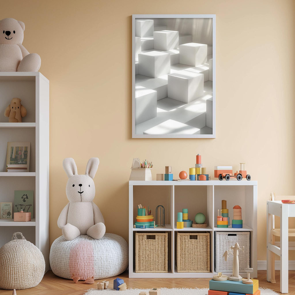 A cozy and colorful children's playroom with a white rabbit sitting on a bean bag chair, surrounded by various toys and storage bins.