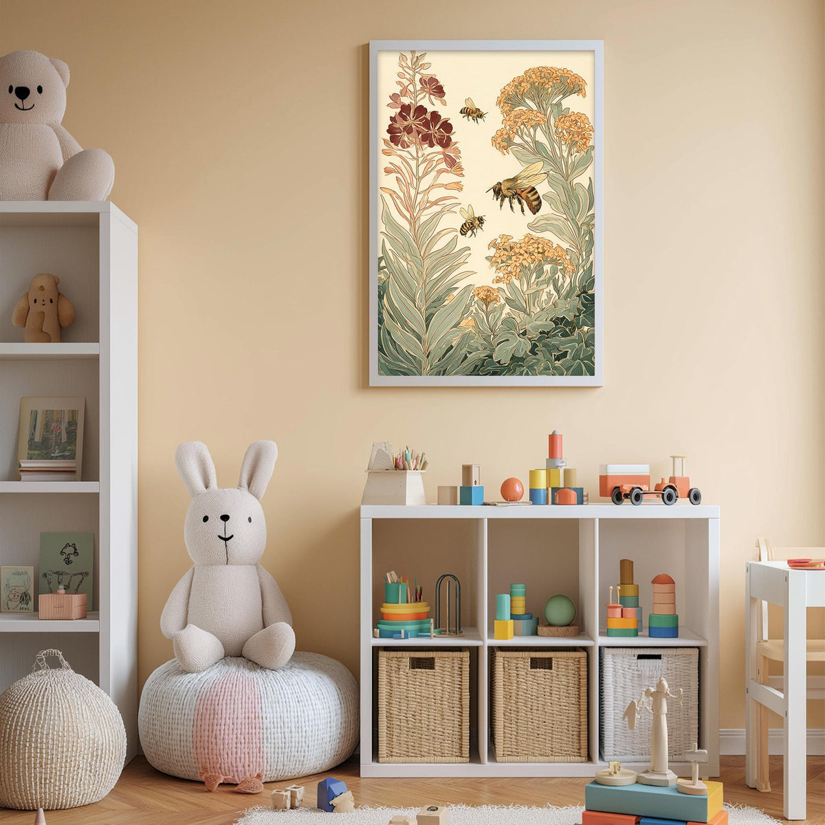 A cozy children's room with a white bookshelf, a plush rabbit, and a colorful toy box filled with toys. A framed print of a flowery plant with bees hangs on the wall above the bookshelf.