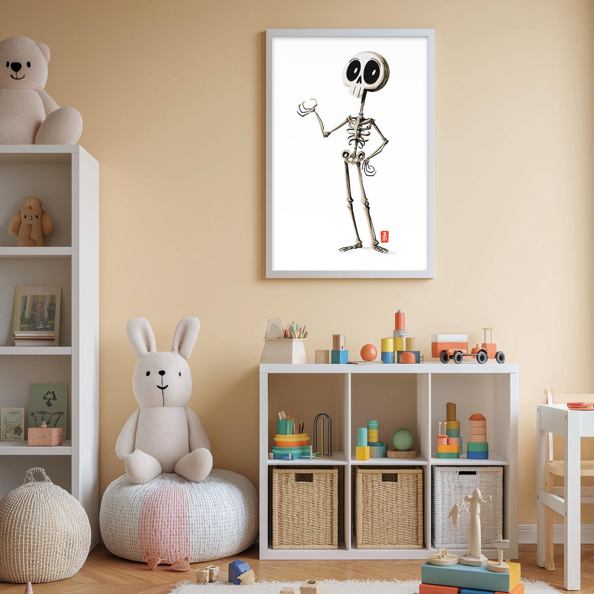 A child's bedroom with a skeleton toy, a stuffed rabbit, and a bookshelf filled with toys and books. There is also a framed artwork of a skeleton on the wall.