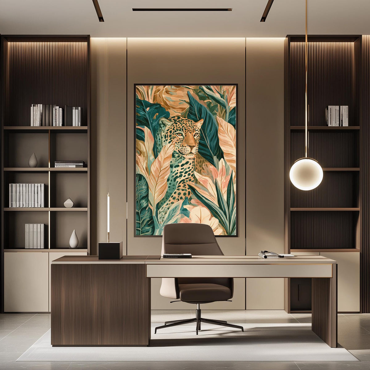 a modern and stylish office space with a large framed print of a leopard on the wall, a wooden desk with a chair, and built-in bookshelves.
