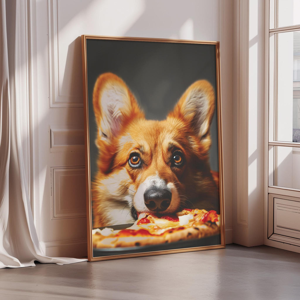 A framed photograph of a corgi dog with its head resting on a pizza.