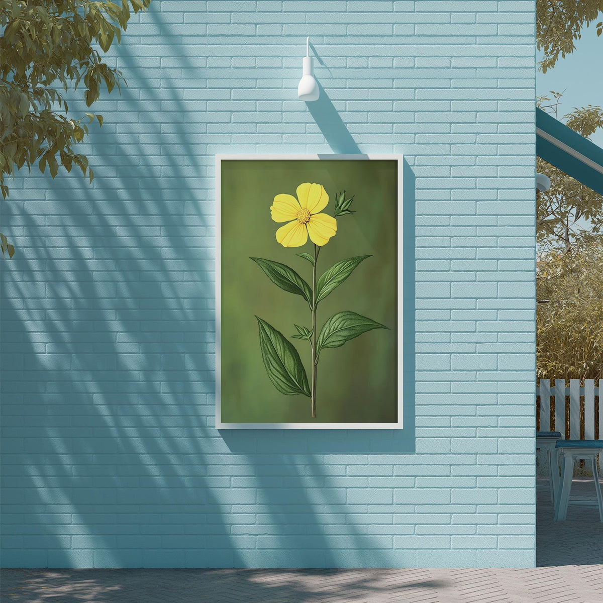 a framed painting of a yellow flower on a blue brick wall.