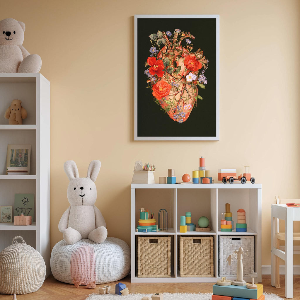 A cozy children's room with a large heart-shaped floral print on the wall, a white bookshelf filled with toys, and a white bean bag chair.