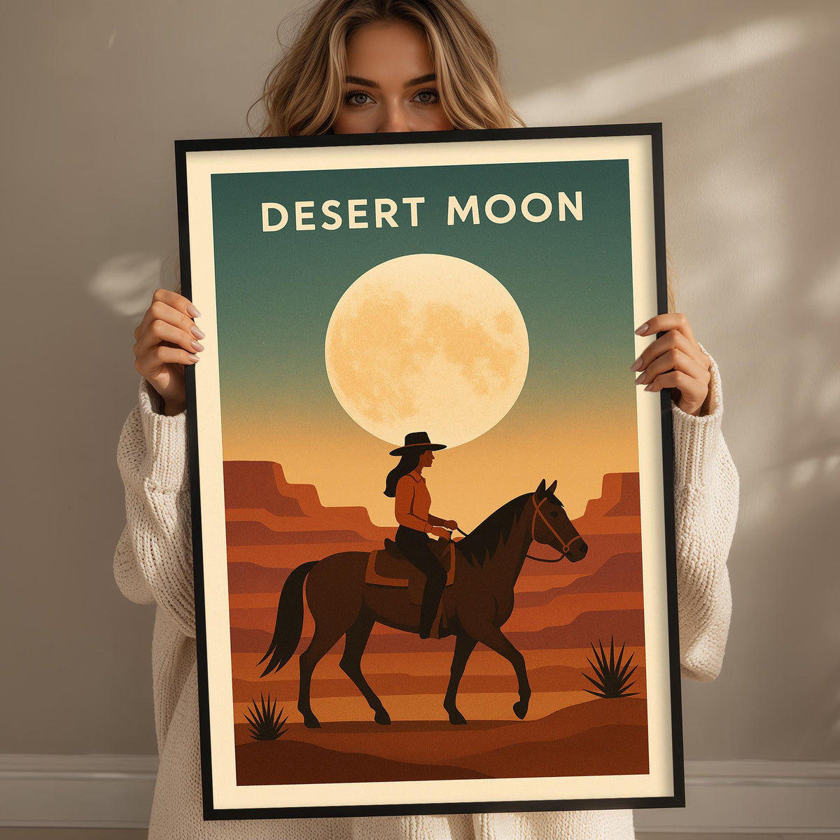 A woman holding a framed poster of a cowboy riding a horse in a desert landscape with a large moon in the sky.