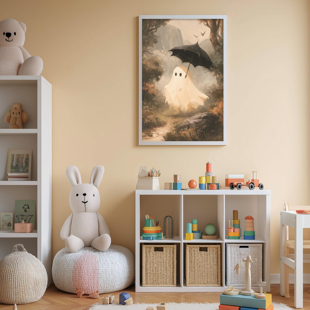 A cozy children's room with a white bookshelf, a plush bunny, and a framed painting of a ghost. The room also contains various toys and storage bins, creating a warm and inviting atmosphere.
