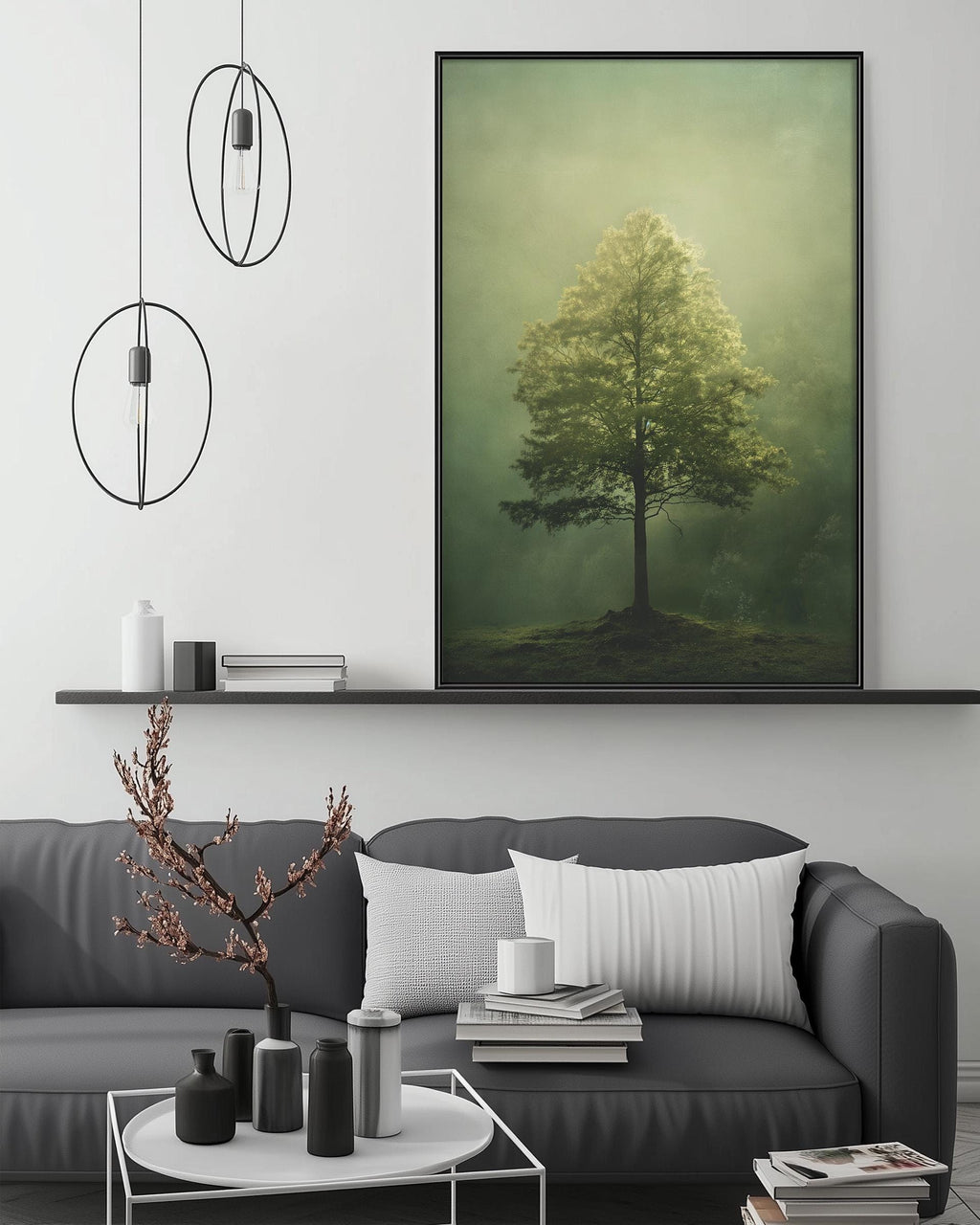 a large, framed painting of a tree with a misty, green background hanging on a wall above a gray couch with white pillows. The couch is positioned in front of a coffee table with various decorative items, such as a vase, a plant, and a stack of books. The overall setting appears to be a cozy and inviting living space.
