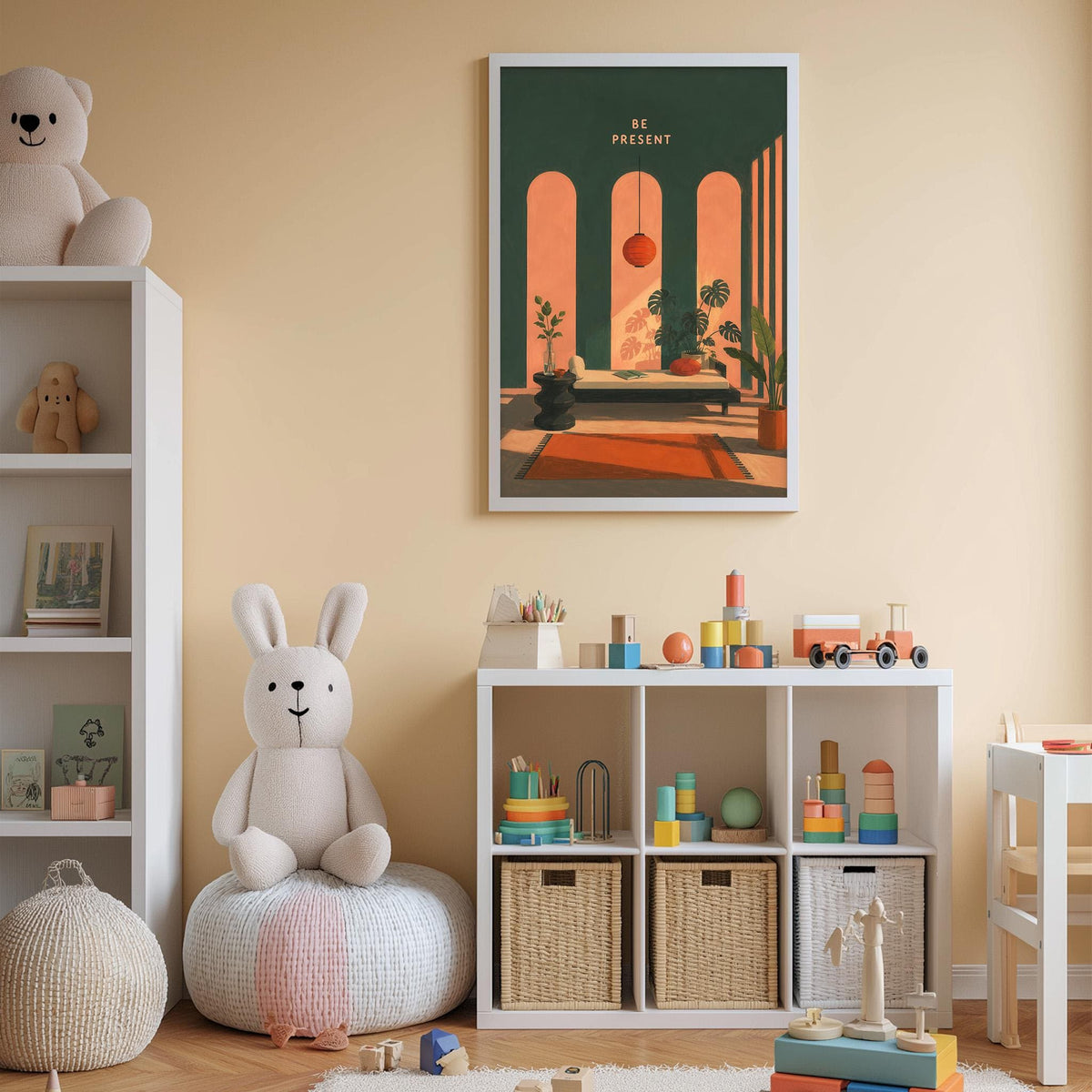 A cozy and colorful children's bedroom with a large stuffed rabbit, shelves filled with toys, and a framed poster on the wall.