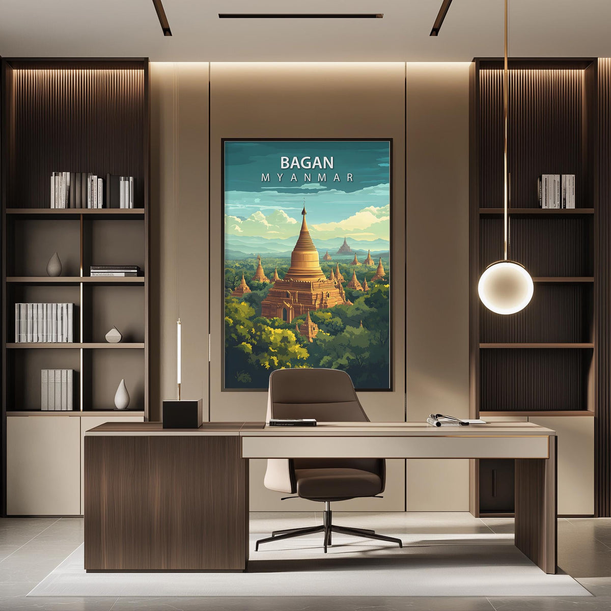 a modern office space with a large poster of the Bagan, a famous Buddhist temple in Myanmar, hanging on the wall. The office has a wooden desk and chair, and there are bookshelves and a lamp in the room.