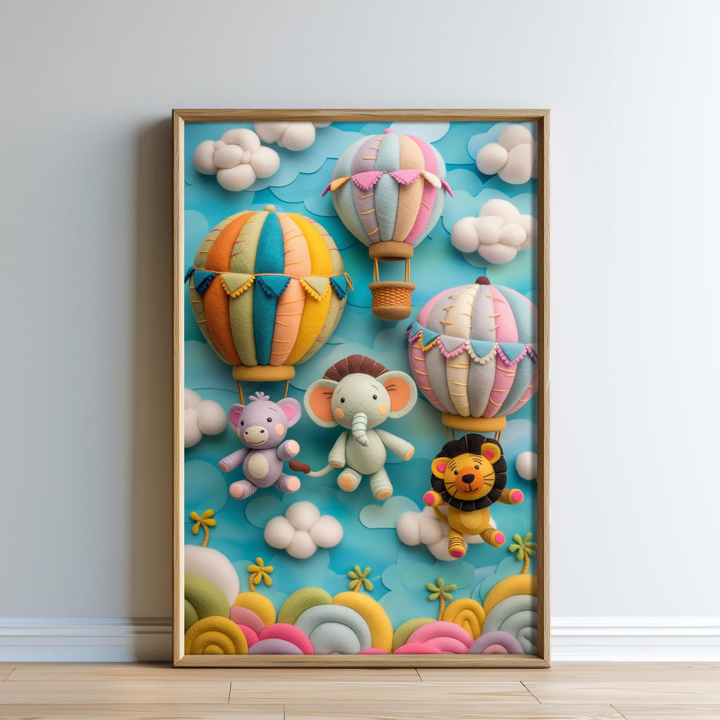 A framed collage of colorful hot air balloons, plush toys, and clouds against a blue sky background.