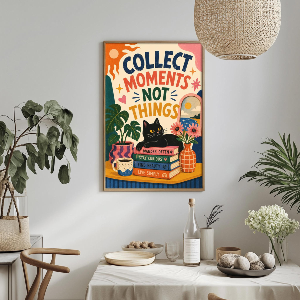 a colorful poster with the text "Collect moments, not things" hanging on a wall above a dining table with various items on it.