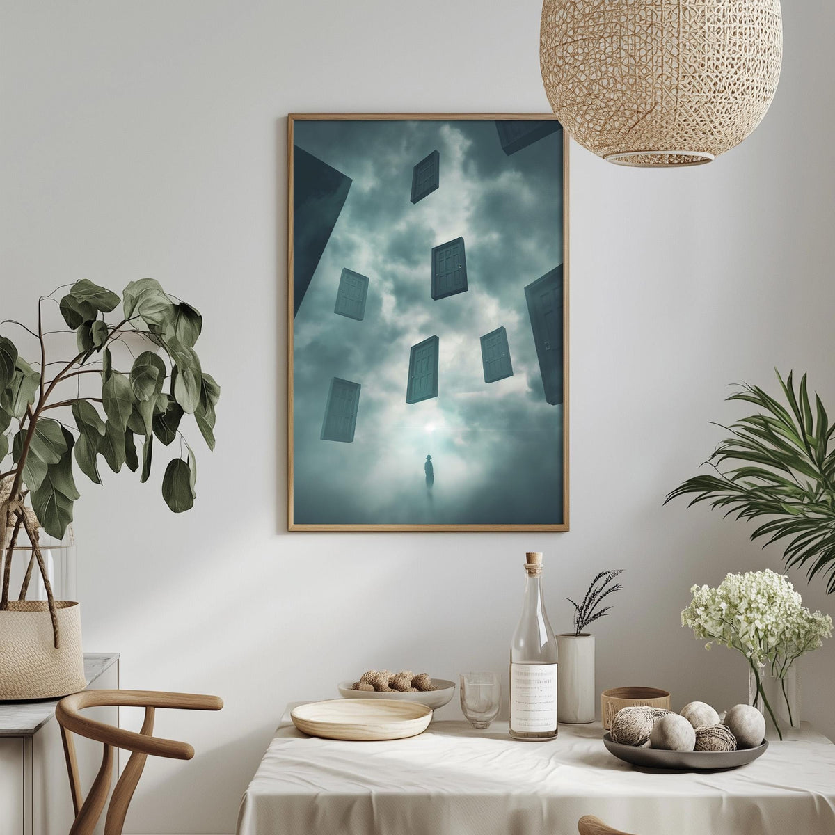 a minimalist dining room with a white tablecloth, a potted plant, and a framed artwork depicting a silhouetted figure against a cloudy sky.