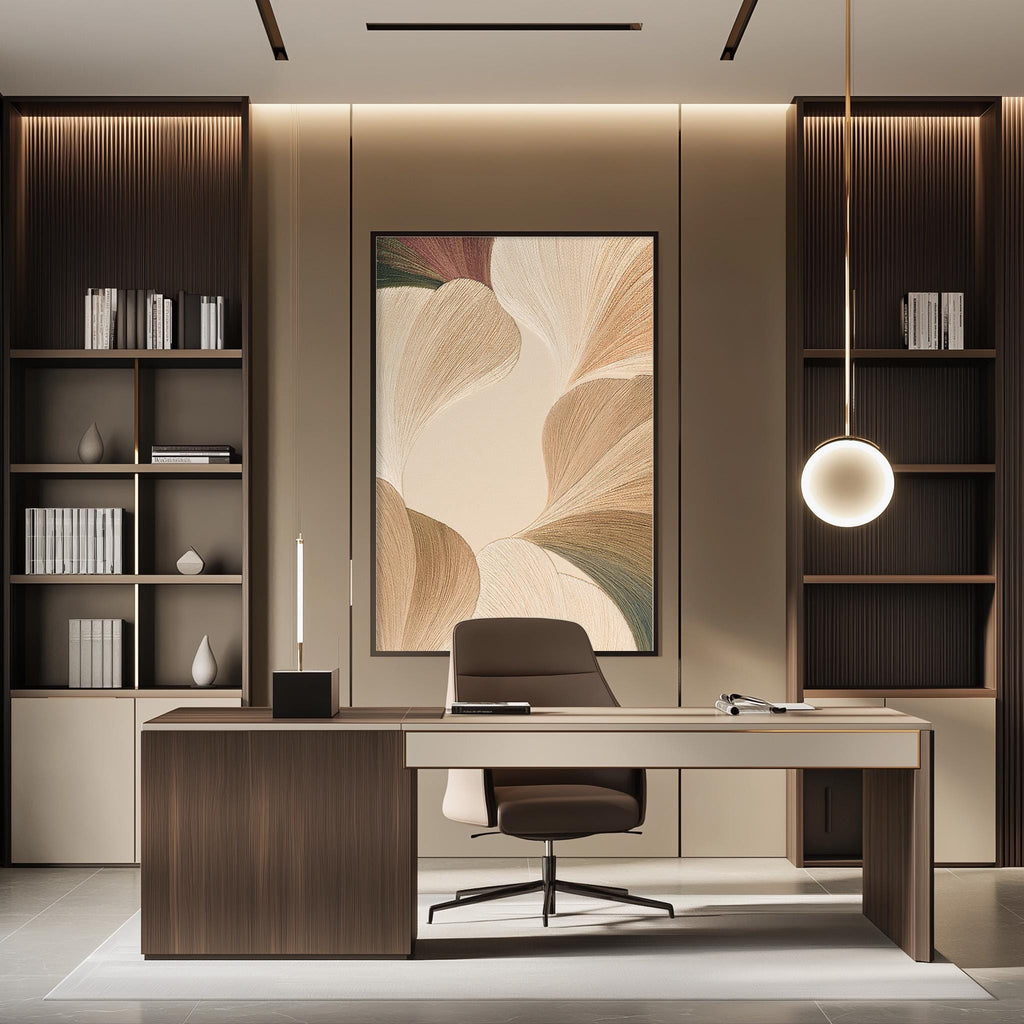 a modern and minimalist office space with a large abstract painting on the wall, a wooden desk with a chair, and built-in bookshelves.