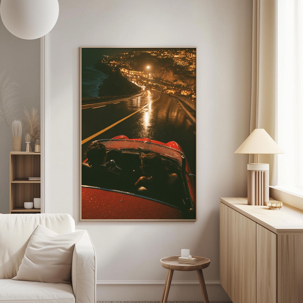 a red car driving down a wet road at night, with the headlights illuminating the scene.