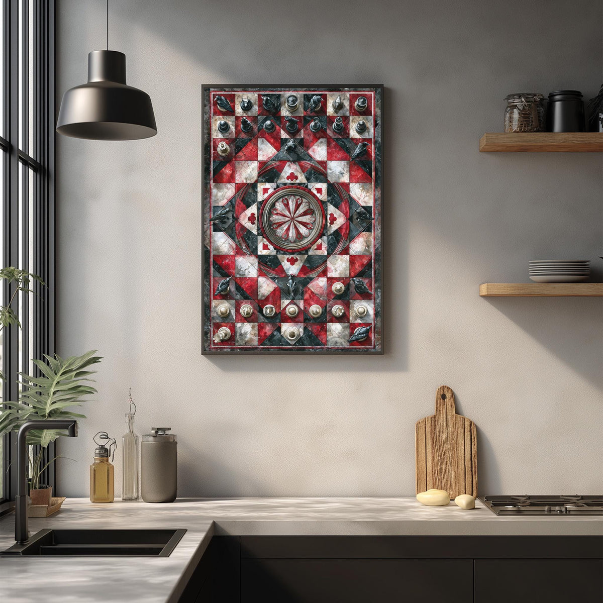a kitchen counter with a framed artwork hanging on the wall above it. The artwork is a vibrant, colorful quilt with a geometric pattern. The kitchen counter has various items on it, including a cutting board, a soap dispenser, and a few bottles. The overall scene has a modern and stylish aesthetic.