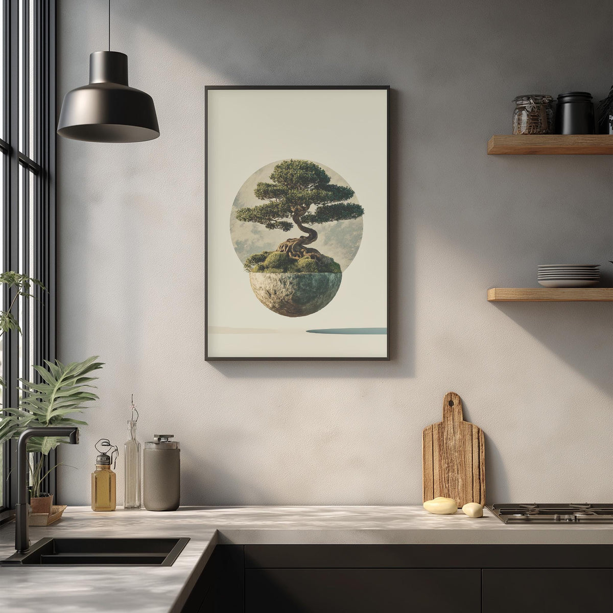 a kitchen counter with various items, including a potted plant, a cutting board, and a framed picture of a bonsai tree on the wall.