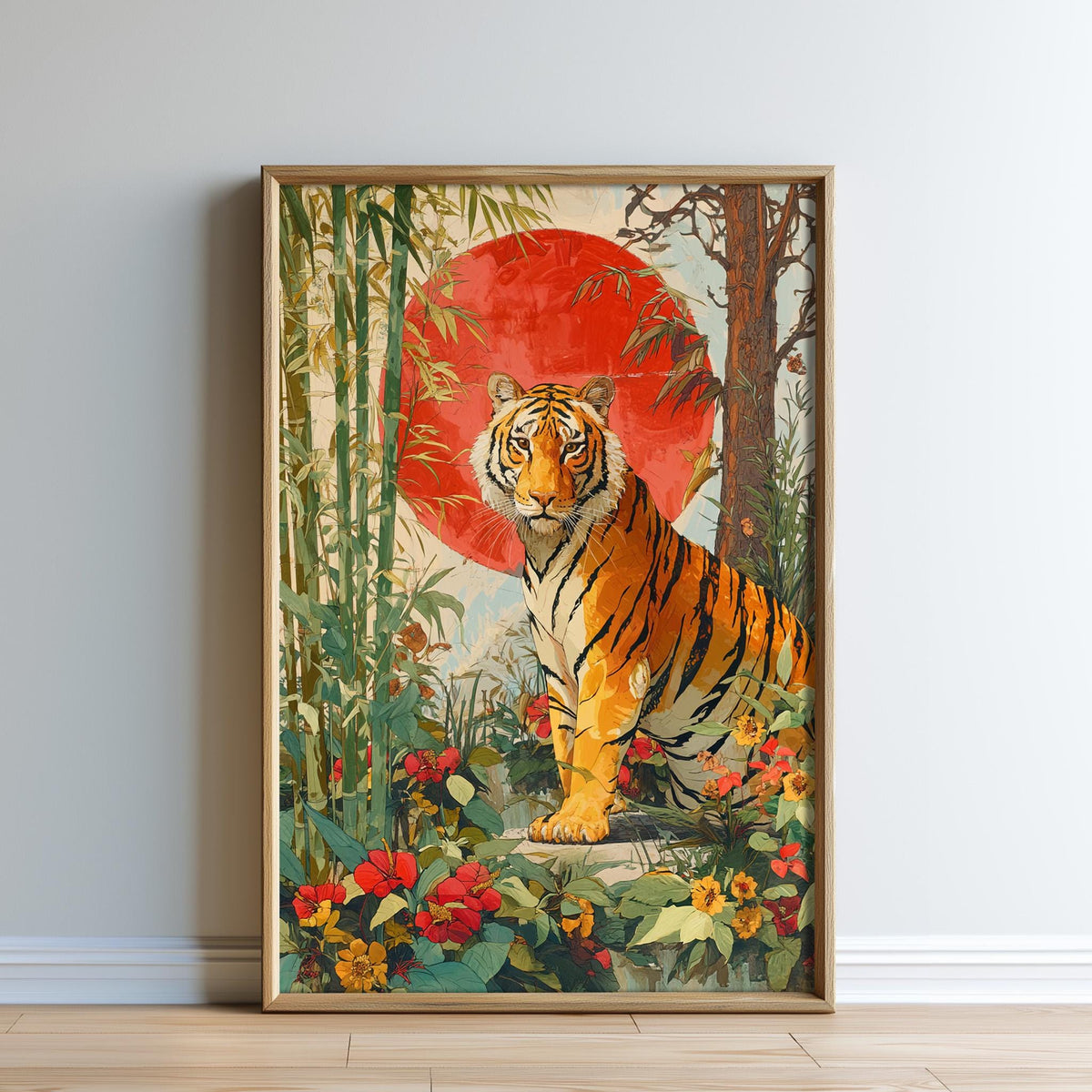 A framed painting depicting a tiger standing in a lush, tropical setting with a large red sun in the background.