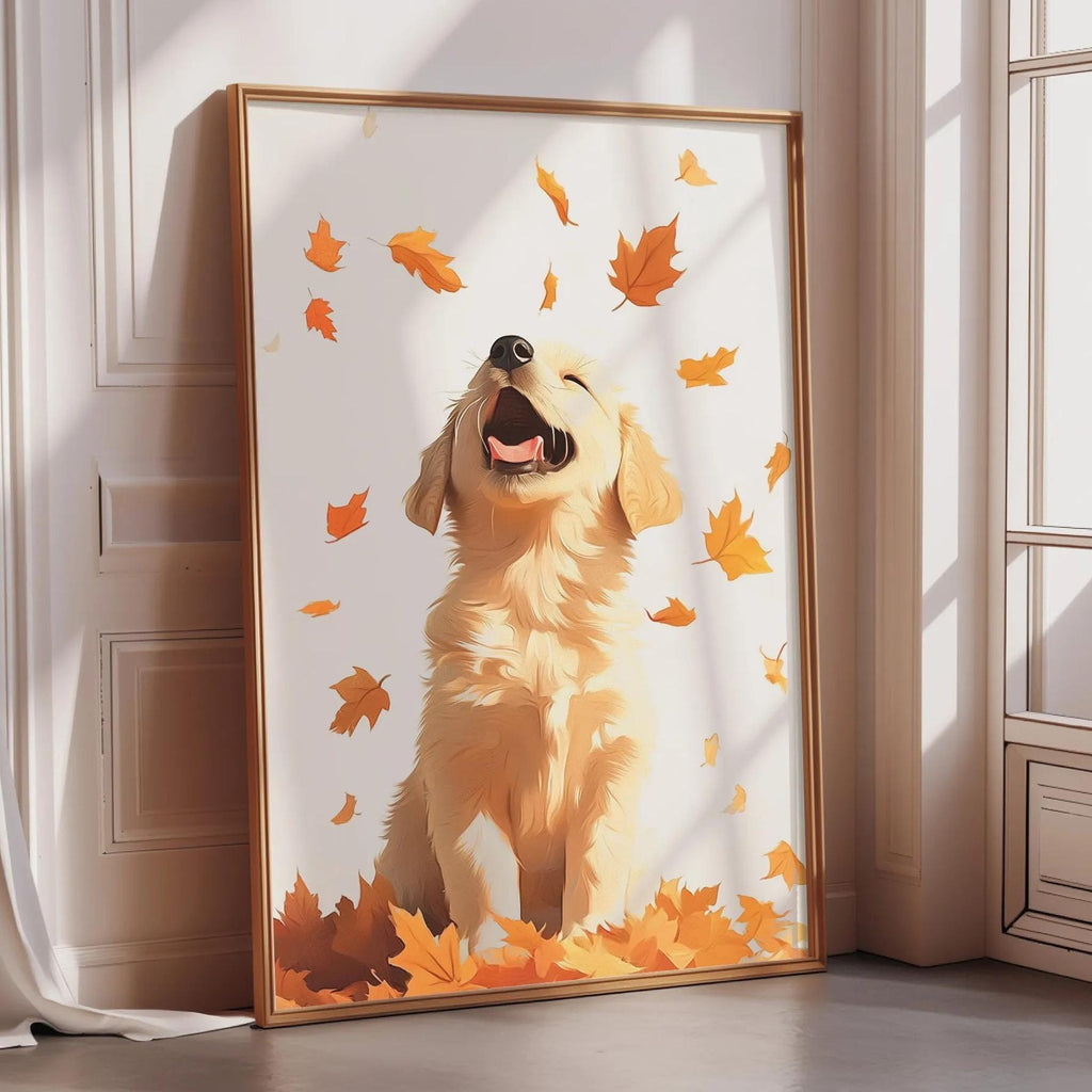 A framed illustration of a golden retriever dog sitting amidst a pile of orange leaves, with the dog appearing to be in a joyful, playful mood.