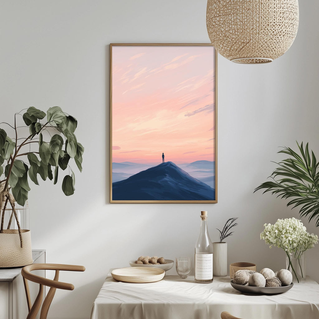 a serene indoor setting with a framed picture of a person standing on a mountain peak at sunset, surrounded by potted plants and a dining table with various items on it.
