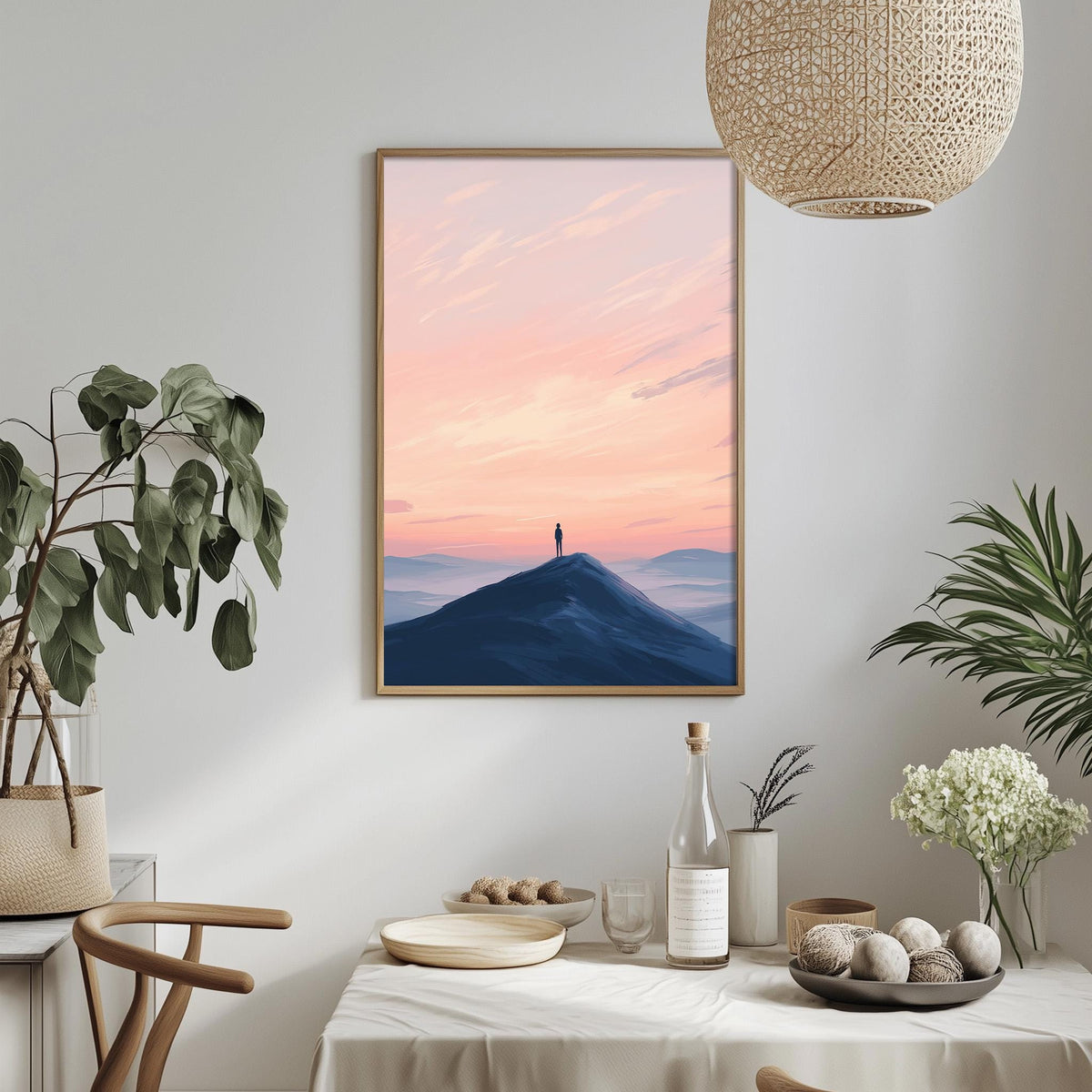 a serene indoor setting with a framed picture of a person standing on a mountain peak at sunset, surrounded by potted plants and a dining table with various items on it.