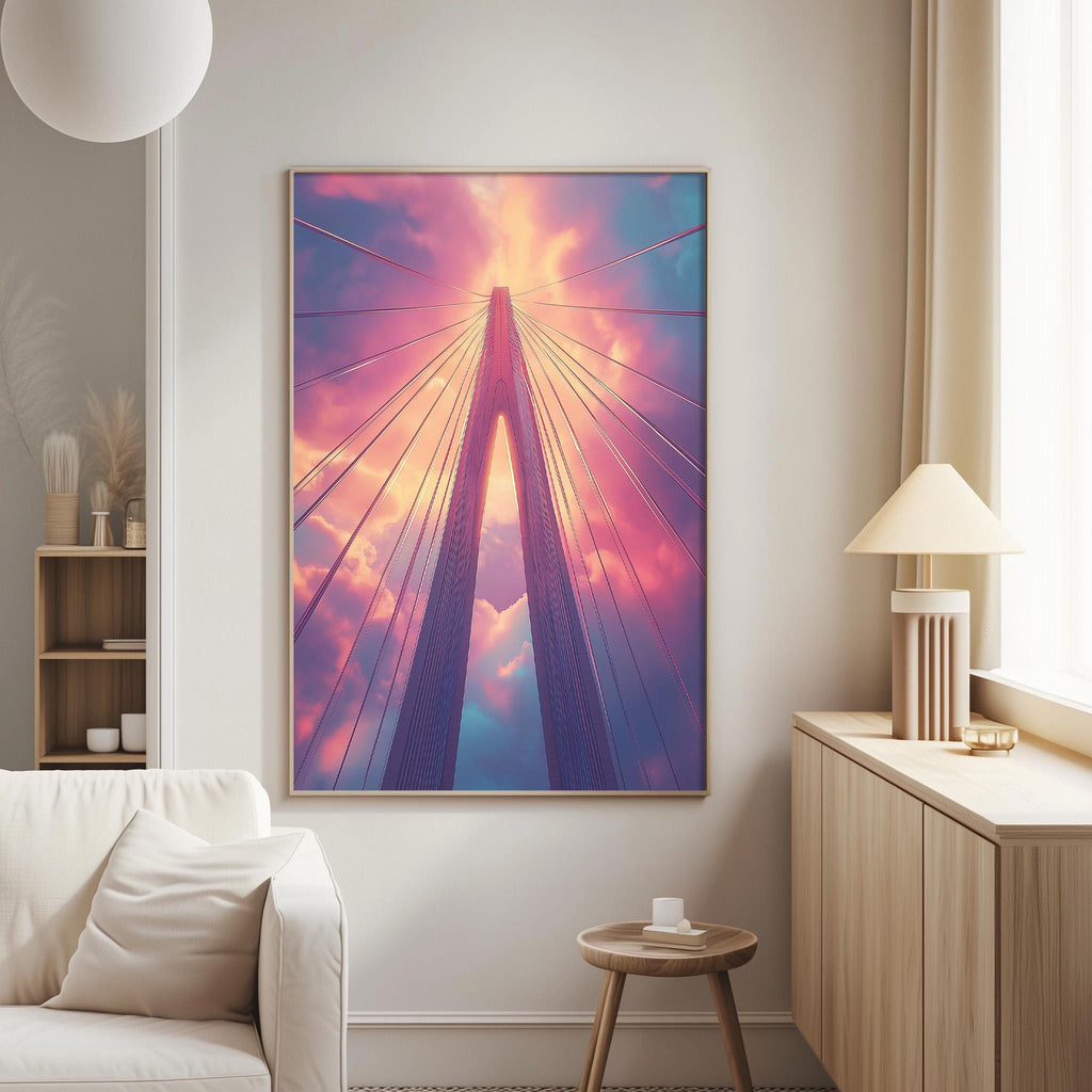 a large, colorful painting of a bridge with a striking design, hanging on a wall in a modern living room.