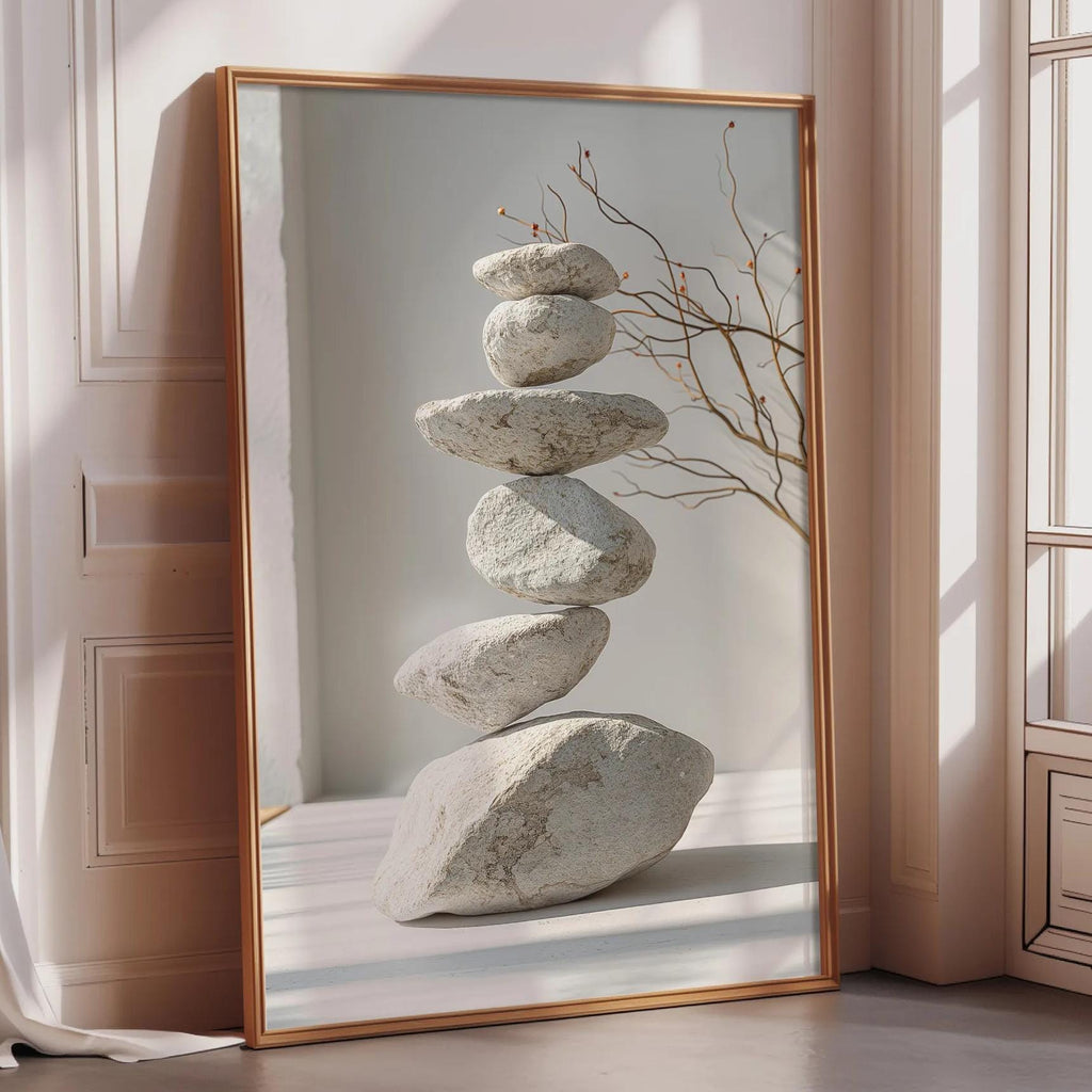 A large mirror in a room reflects a stack of rocks, with a branch and sunlight illuminating the scene.