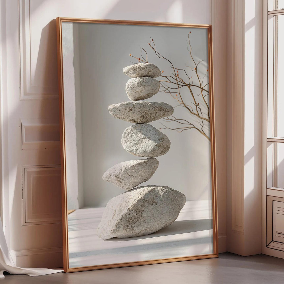 A large mirror in a room reflects a stack of rocks, with a branch and sunlight illuminating the scene.