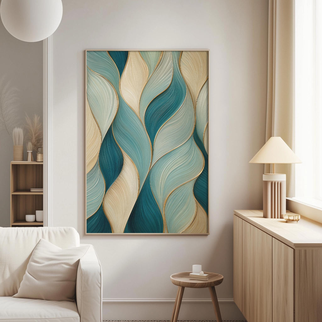 a modern living room with a large abstract painting hanging on the wall, a white sofa, a wooden side table, and a lamp on a wooden cabinet.
