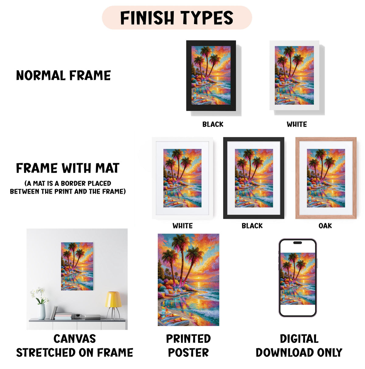 various types of artwork, including a painting of a beach scene, framed artworks, and digital art. The artwork is presented in different frame colors and styles, such as a normal frame, a black frame, a white frame, and an oak frame. The artwork is also described as a canvas stretched on a frame, a printed poster, and a digital download only.