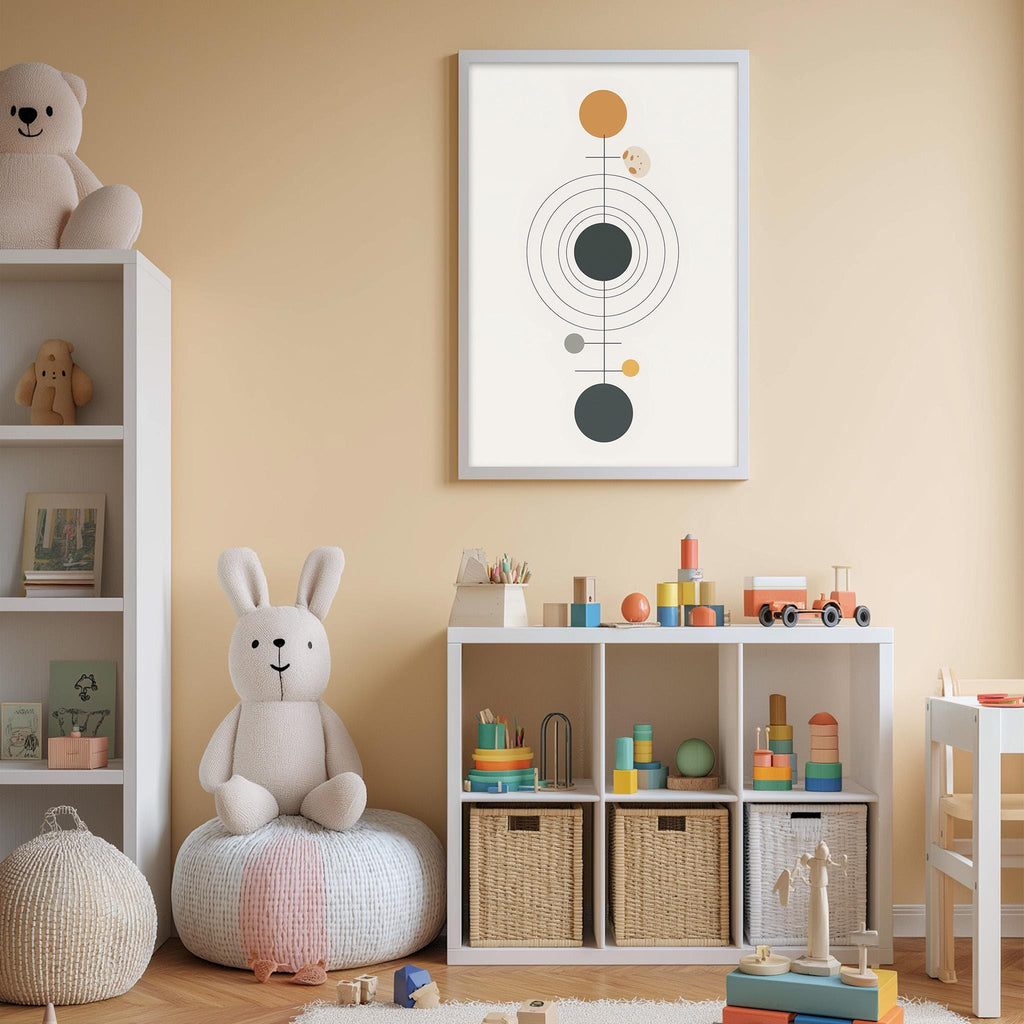 A cozy and colorful children's bedroom with a white bookshelf, a plush rabbit, and a toy train set. The room has a warm and inviting atmosphere, with a framed abstract art piece hanging on the wall above the bookshelf.