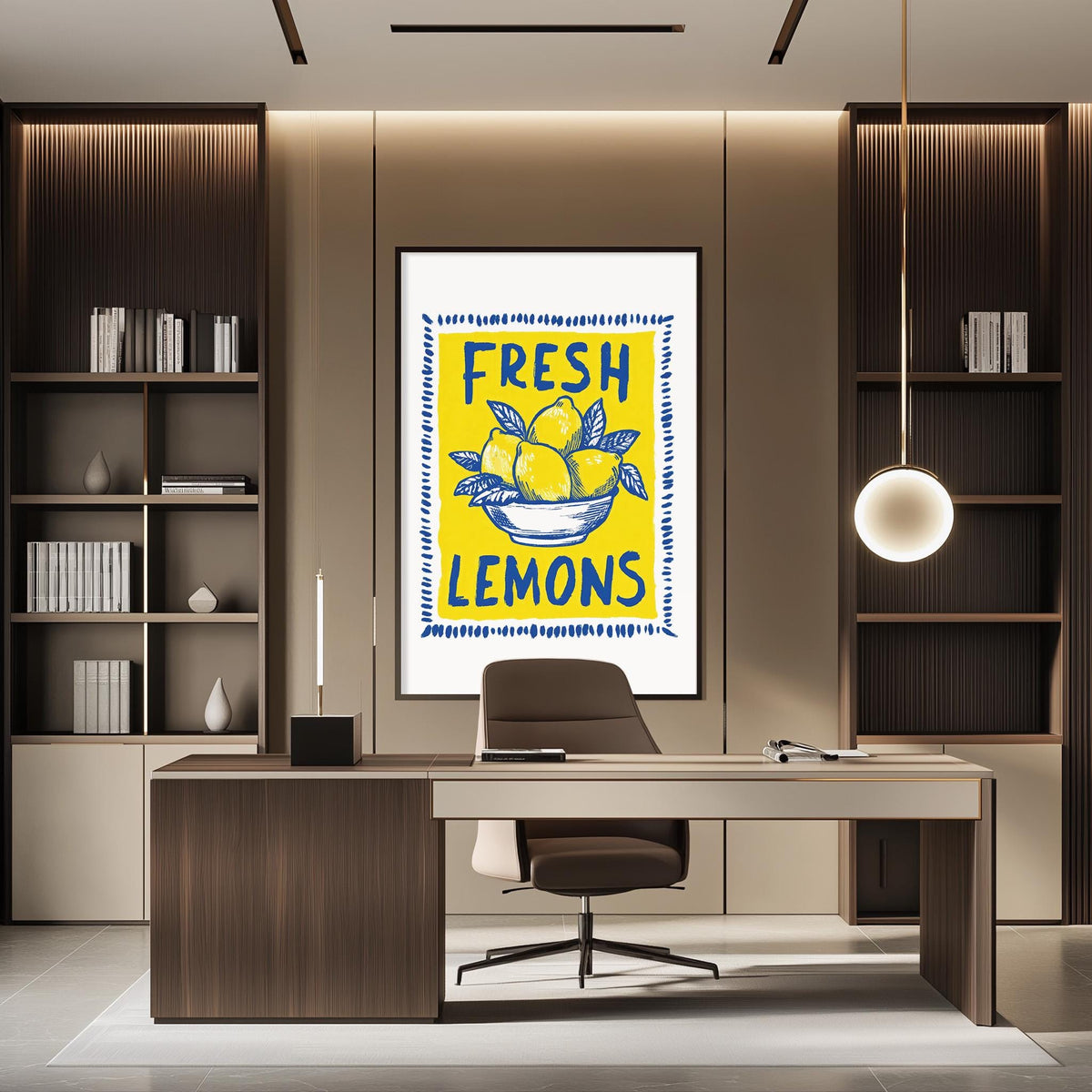 a modern office space with a large framed poster on the wall that reads "FRESH LEMONS". The poster is surrounded by a decorative border and includes illustrations of lemons and a bowl. The office has a wooden desk and chair, and there are bookshelves on either side of the desk.