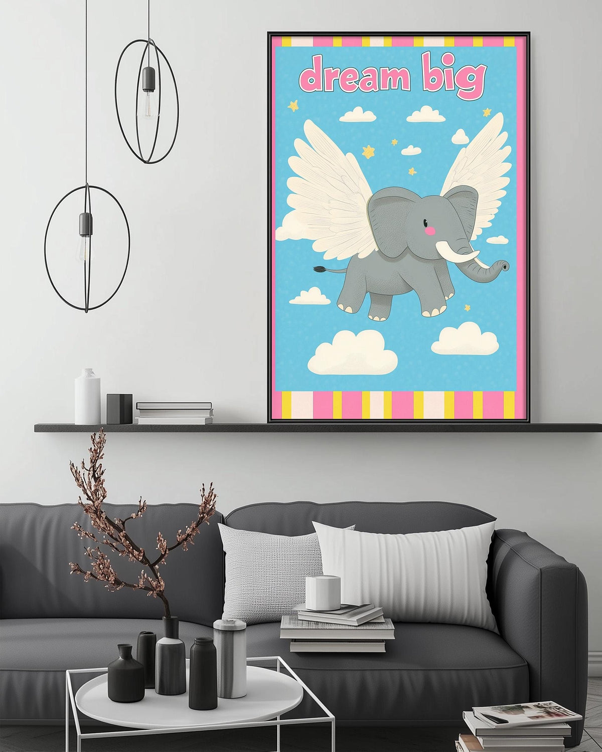 a cozy living room with a gray couch, a coffee table, and a large framed poster of an elephant with wings on the wall.
