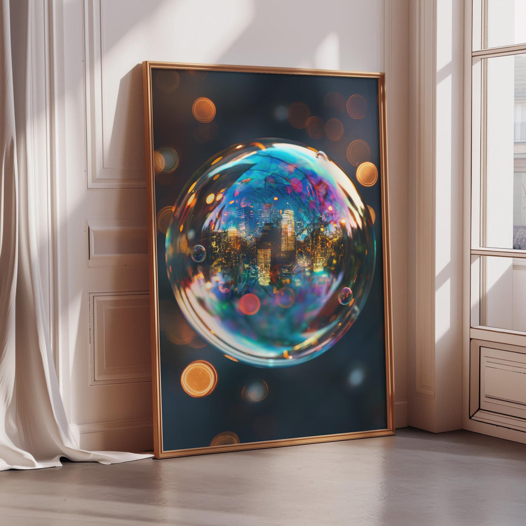 a large, colorful, abstract painting of a bubble-like shape with a cityscape inside it, displayed on a wall in a room with a window.