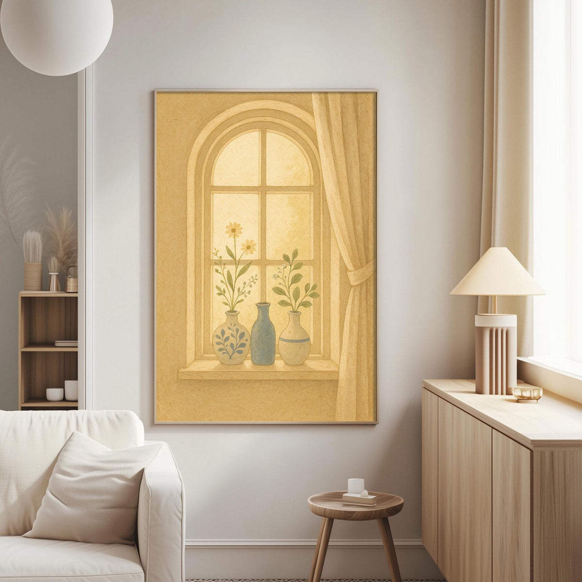 a cozy living room with a large window, a white sofa, a wooden side table, and a lamp.
