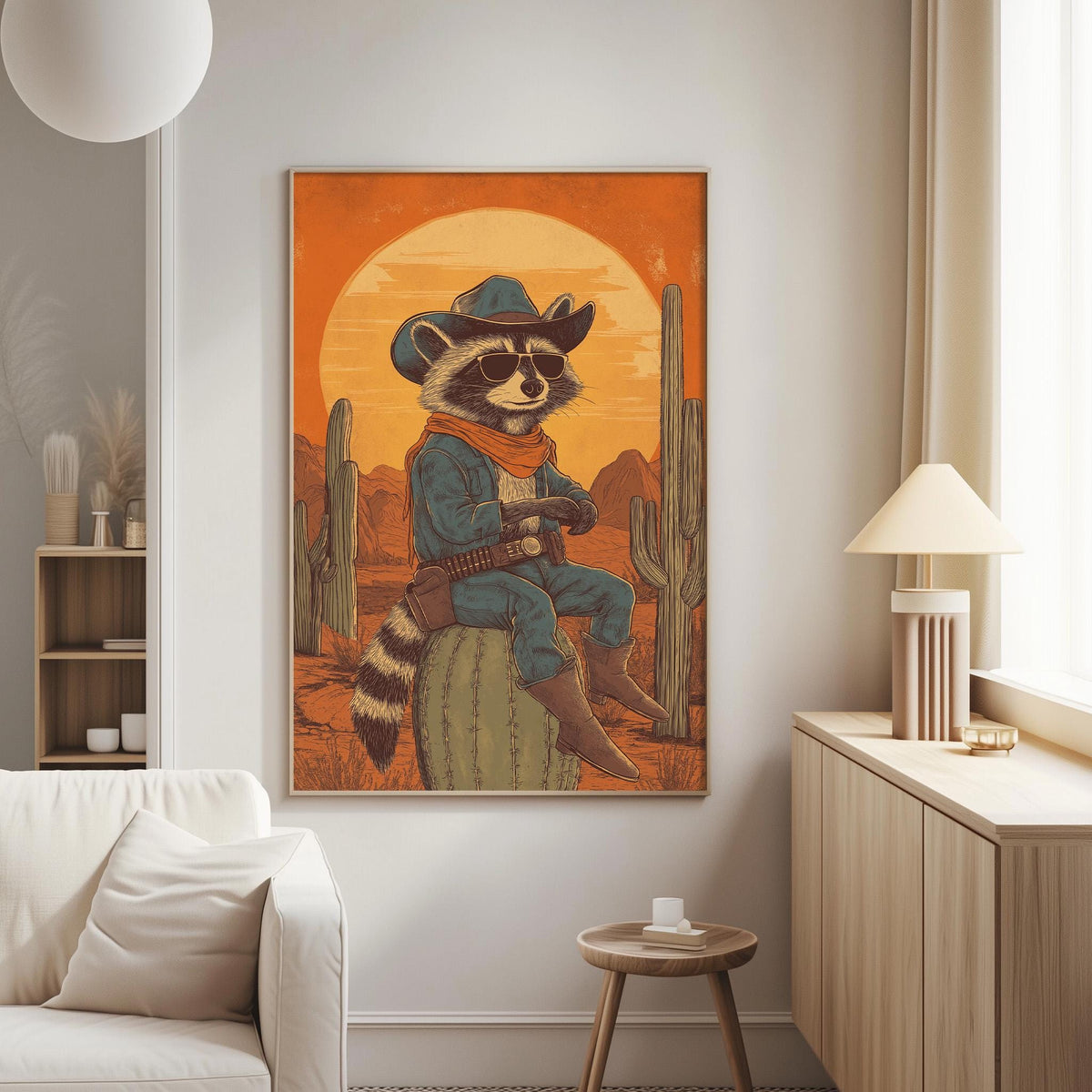 a raccoon dressed as a cowboy, sitting on a cactus in a desert-like setting with a crescent moon in the background.