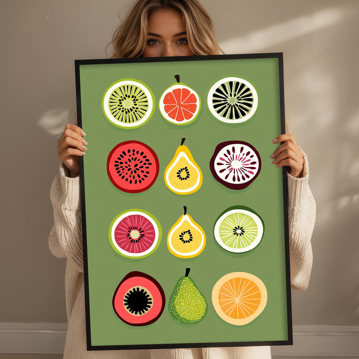A woman is holding up a framed collage of various fruit slices, including watermelon, pear, orange, and grapefruit.