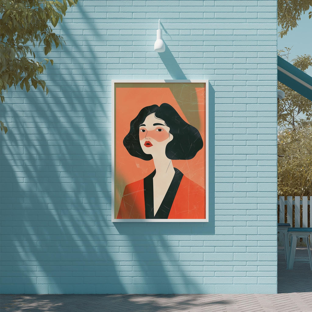 a framed illustration of a woman with black hair and a red top, displayed on a blue wall.