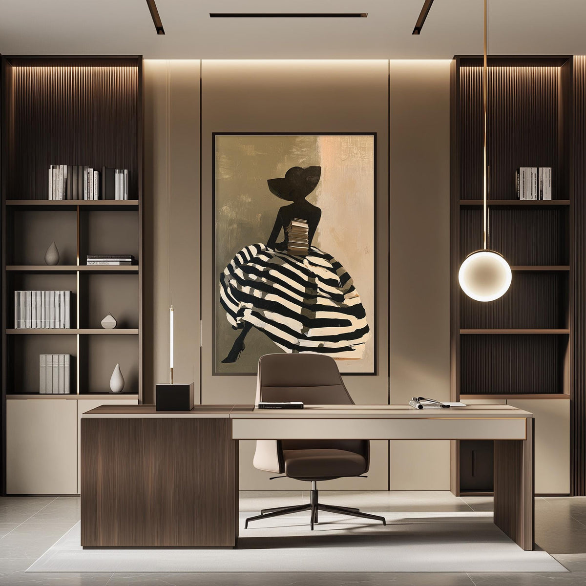 a modern and stylish office space with a large painting of a woman in a black and white striped dress hanging on the wall. The office features a wooden desk, a comfortable-looking chair, and a bookshelf filled with books. The overall design and decor create a sophisticated and elegant atmosphere.