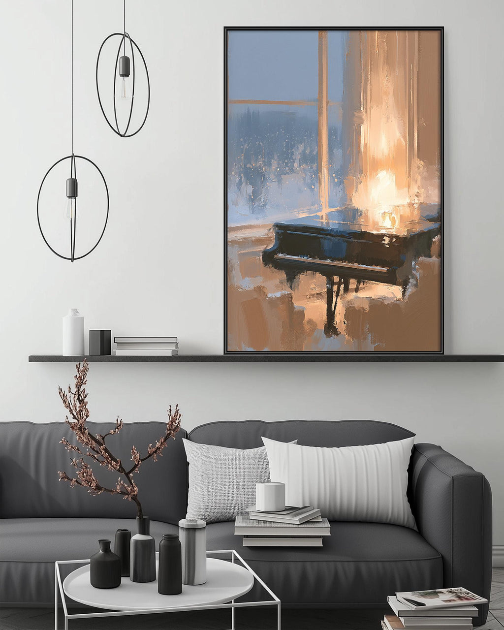 a modern living room with a gray sofa, a coffee table, and a large framed painting of a piano on the wall above the sofa.